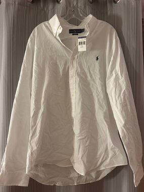 Ralph Lauren White Button-Down Oxford Shirt with Navy Polo Logo